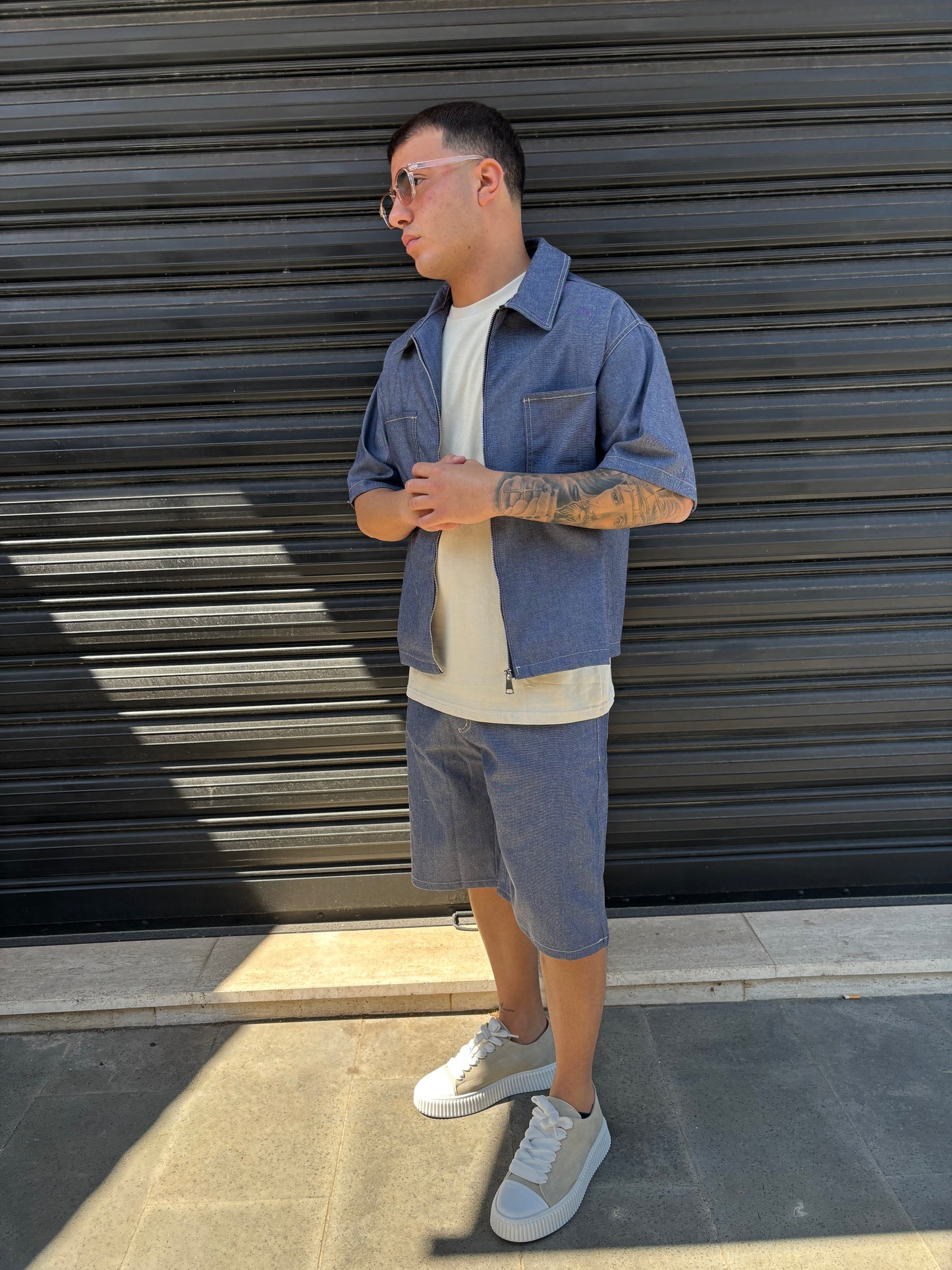 Completo corto in jeans grigioblu