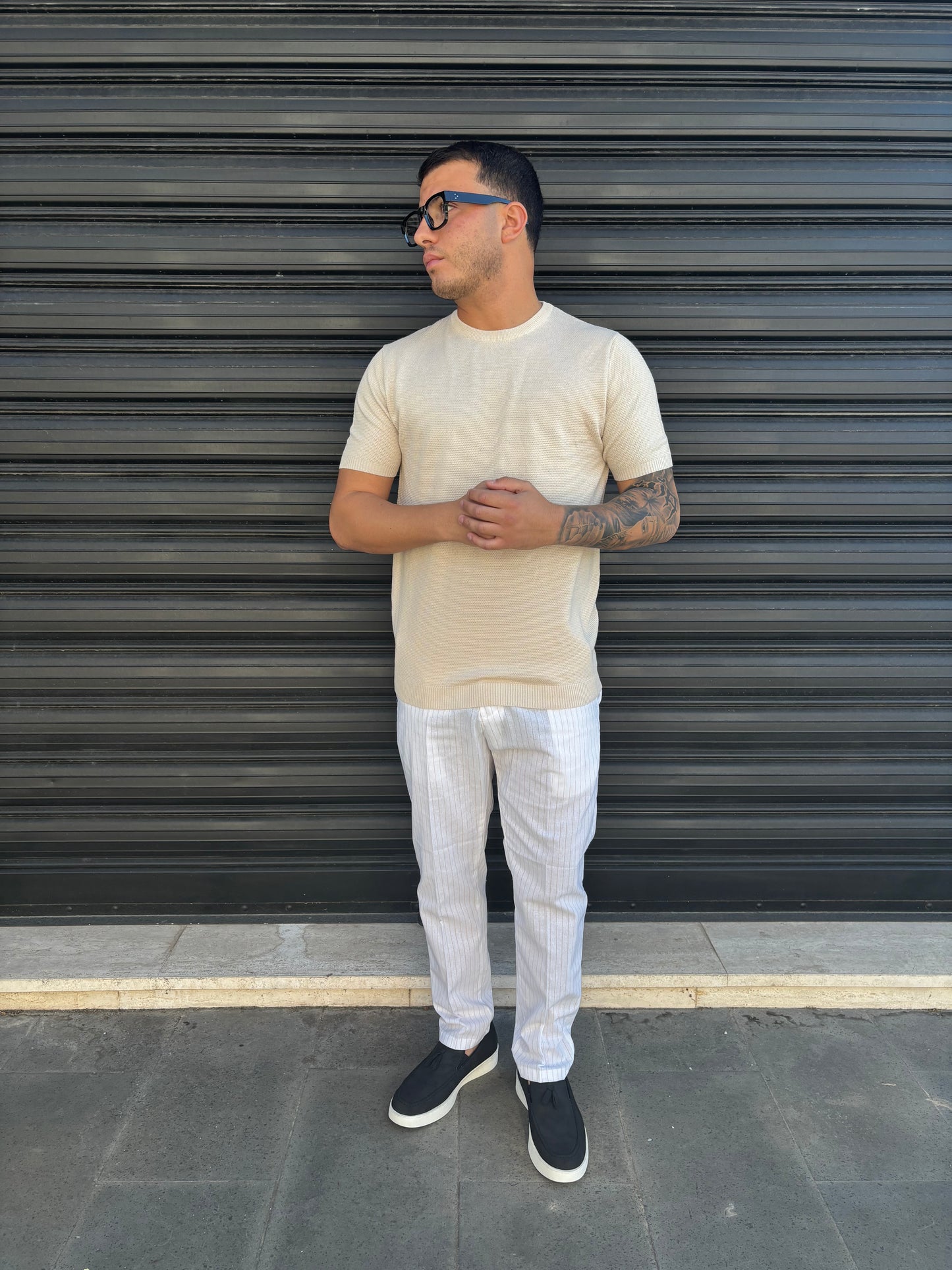 Pantalone a righe bianco crema
