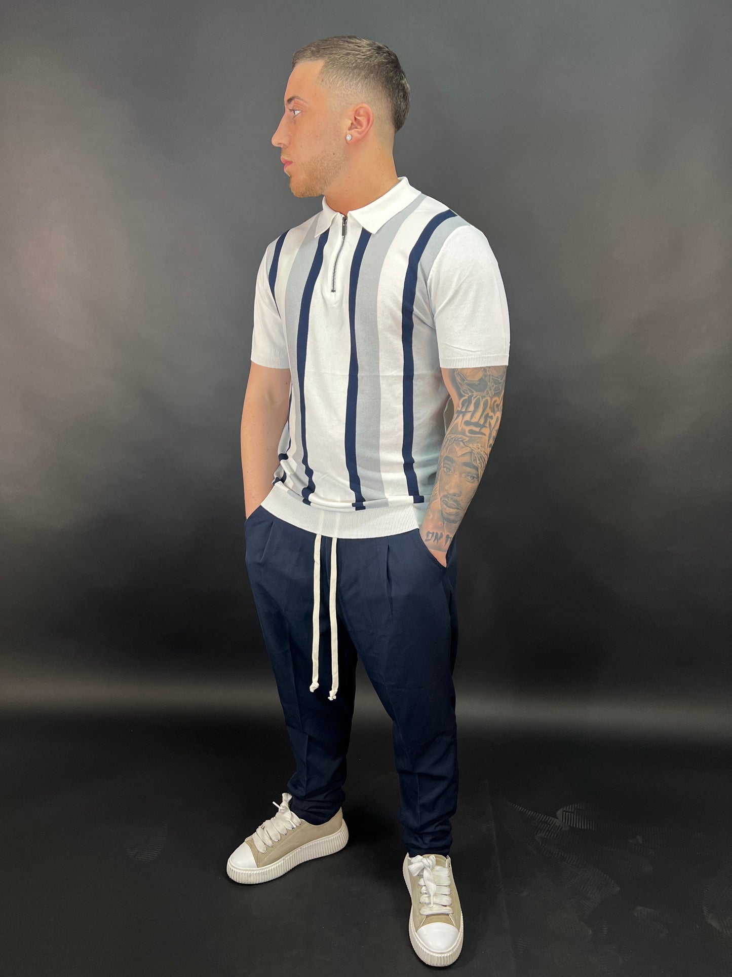 Polo kay bianca e blu con zip