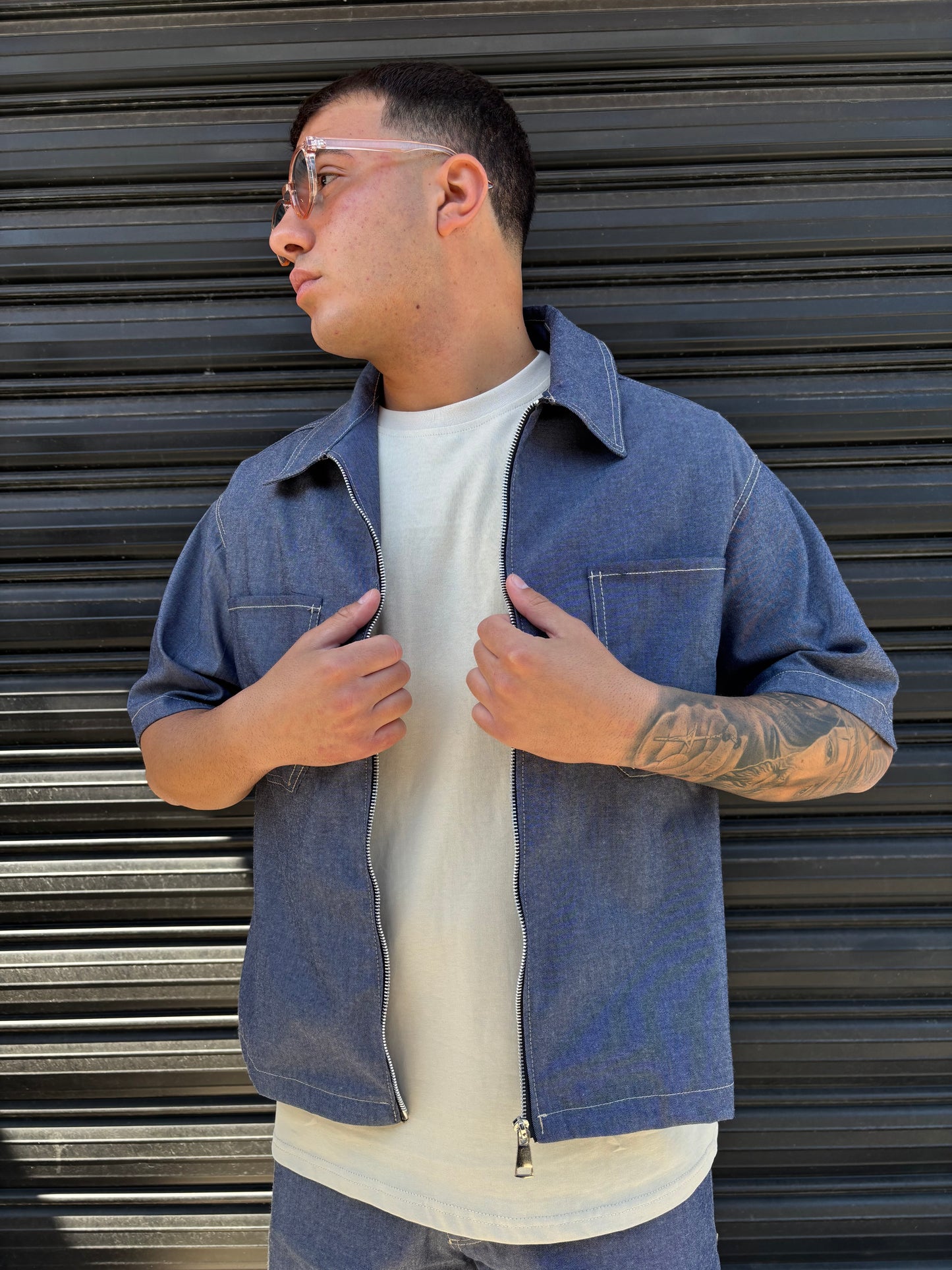 Completo corto in jeans grigioblu