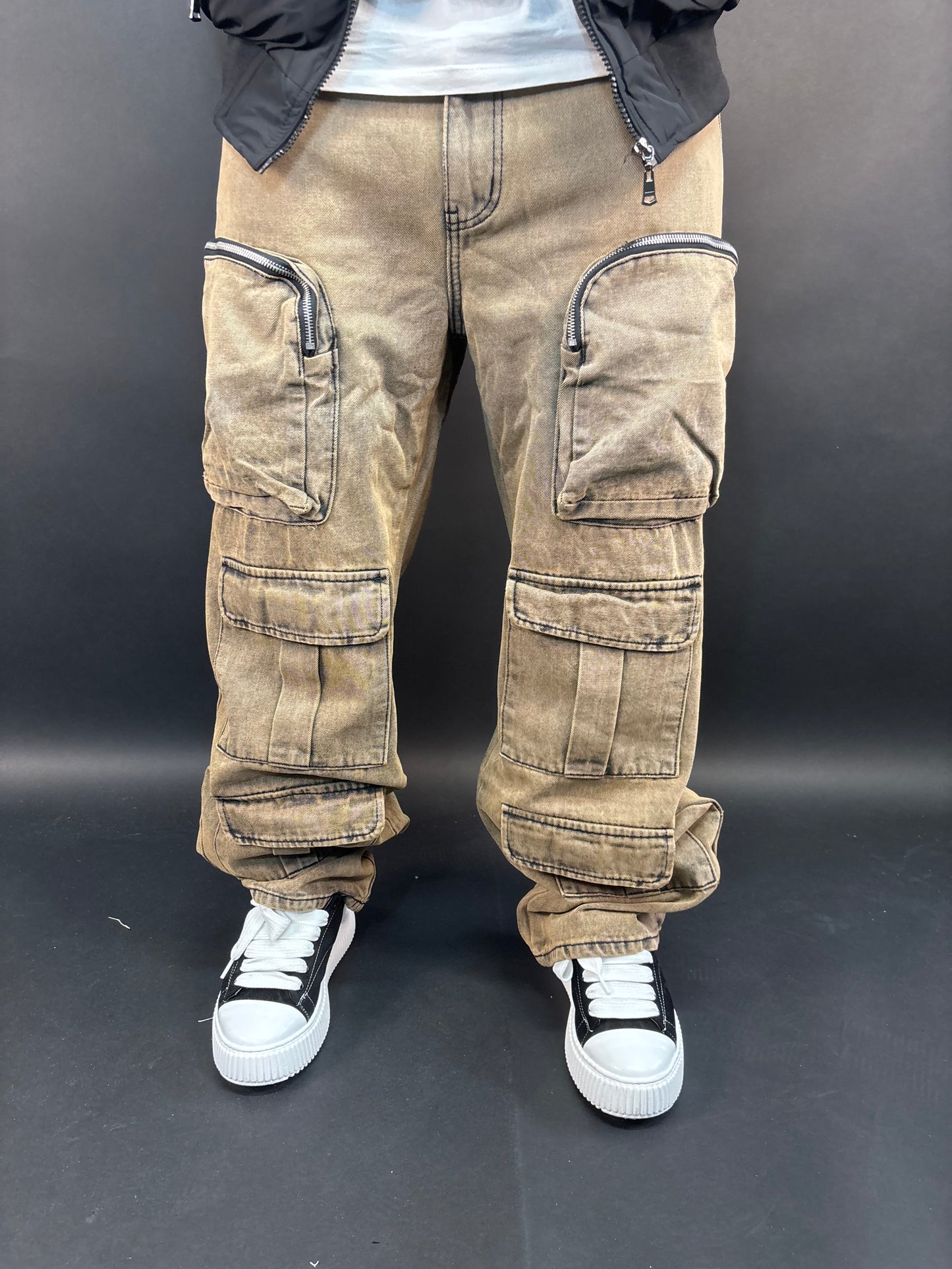 Jeans destroy beige cargo