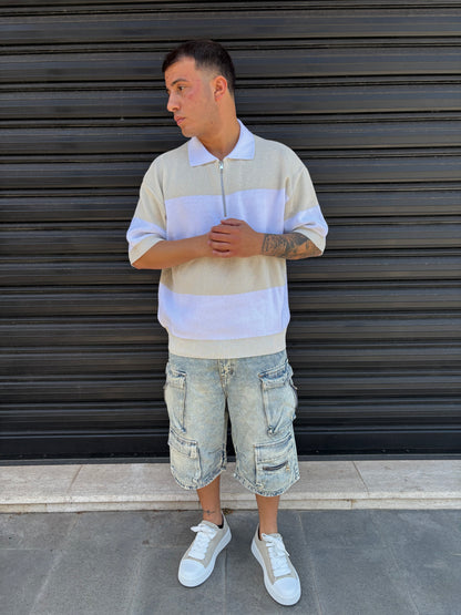 Polo a righe con zip beige e bianca