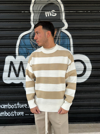 Maglione a righe beige e bianco