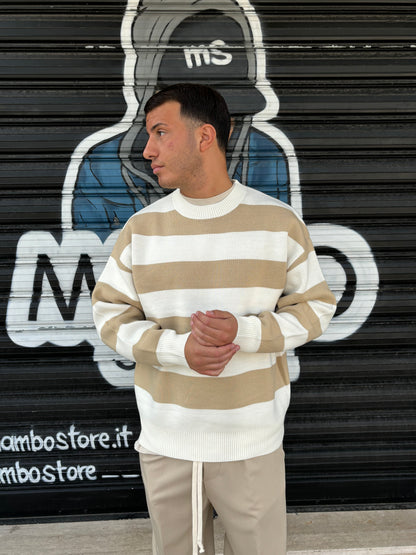 Maglione a righe beige e bianco