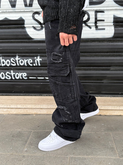 Jeans cargo neri con schizzi